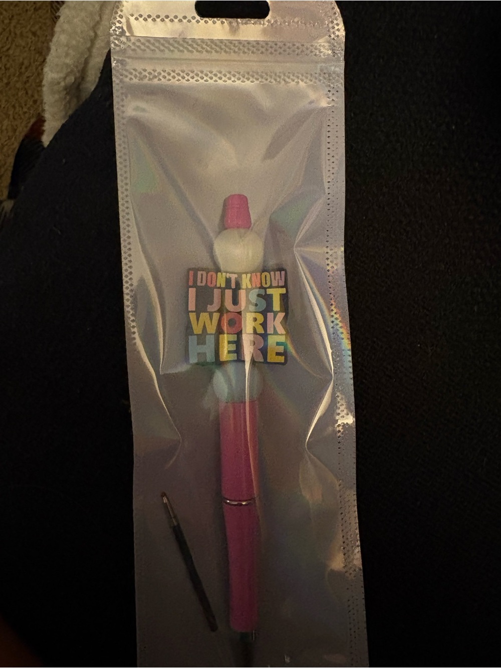 Pink Novelty Staff Pen with 'I Don't Know I Just Work Here' Badge